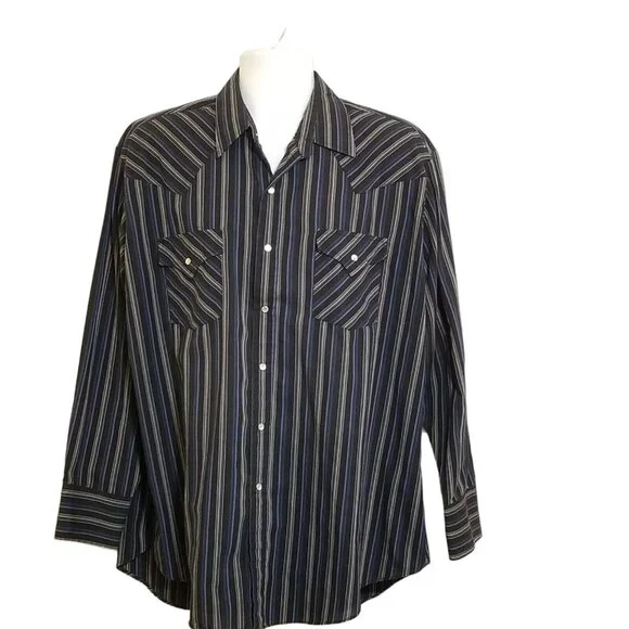 Plains Vintage Western Wear Shirt Mens XL Pearl Snap Black Blue Stripe LS - Picture 2 of 11